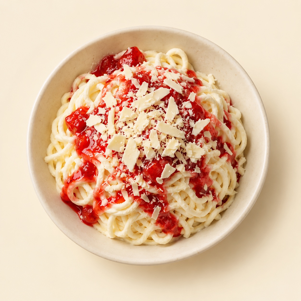 Illustration von Spaghetti-Eis mit Erdbeersoße und weißen Schokoraspeln